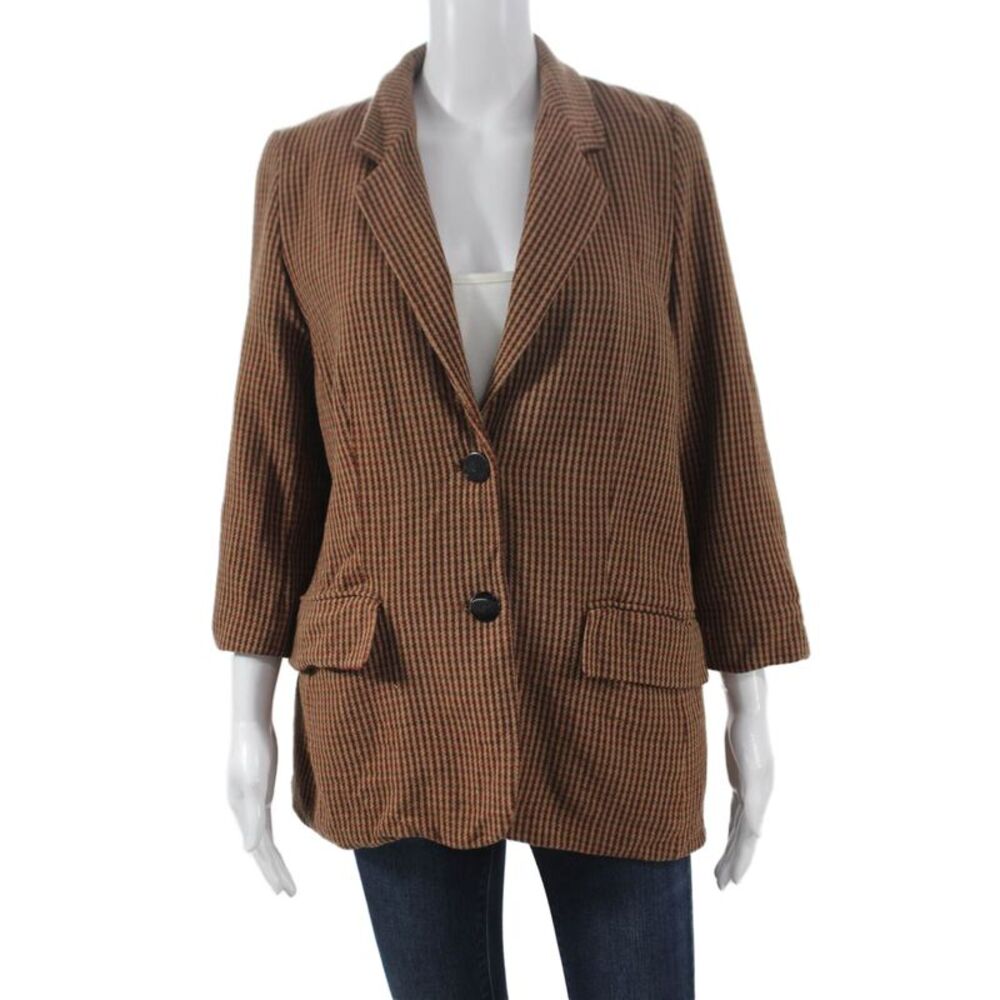 Laurel Women Brown Striped Wool Blazer Button 3/4 Sleeve Size 42